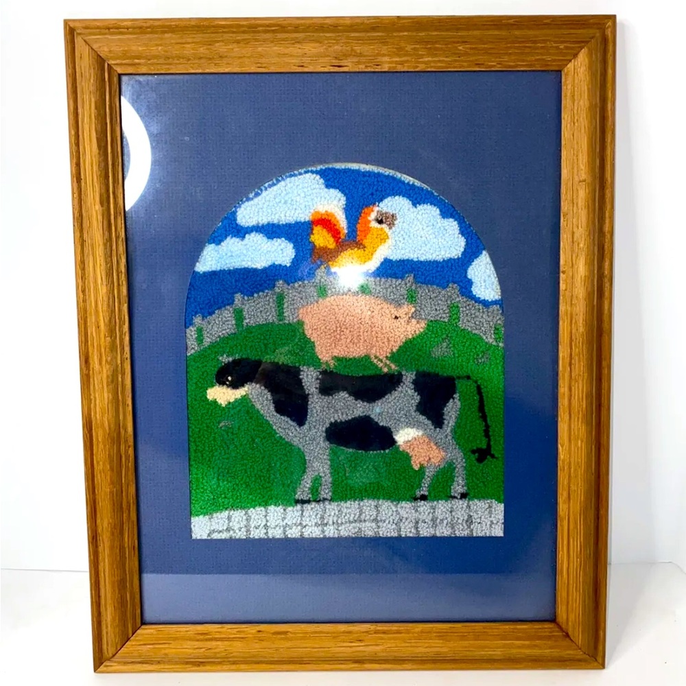 Cow Pig Chicken Stacking Farmhouse Decor Handstitched Framed Picture 12.75x15.5”